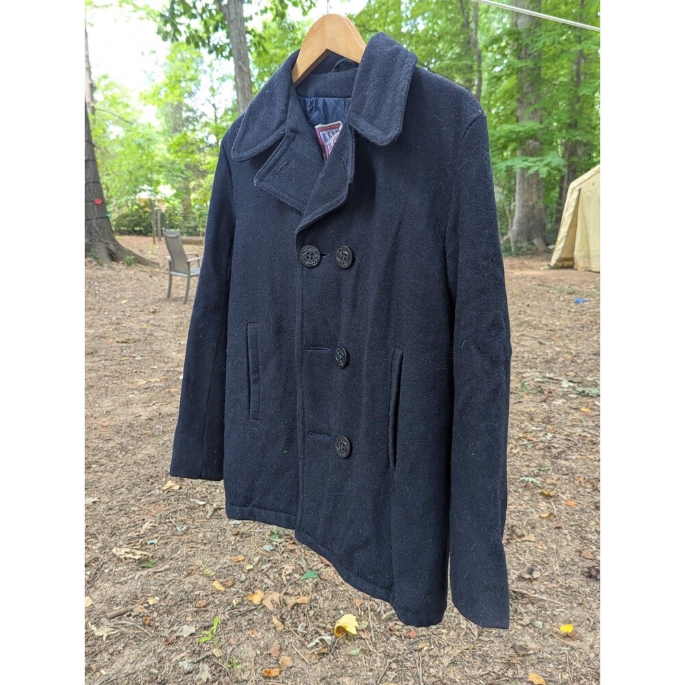 Vintage US Navy Wool Pea Coat Navy Blue Double Breasted Anchor Buttons Military